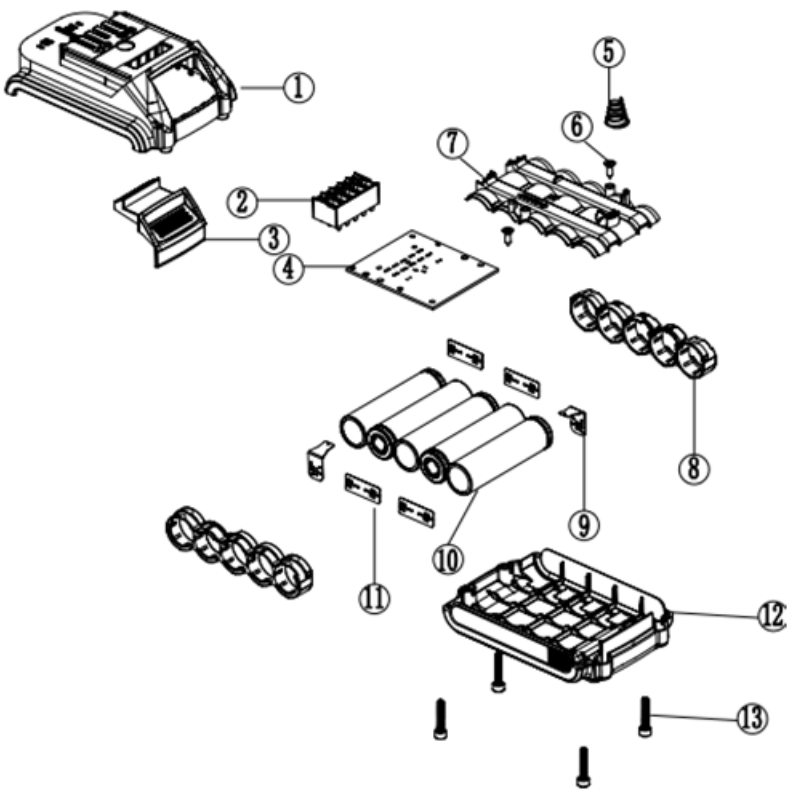 ЗУБР М2, 18 В, 1.5 А·ч, аккумуляторная батарея (АКБ-18-Ли 15М2) - разборная схема